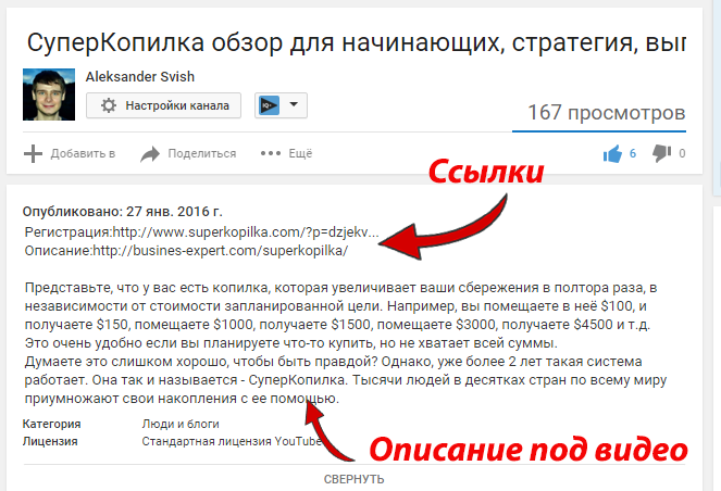 Описание под видео и ссылки на YouTube